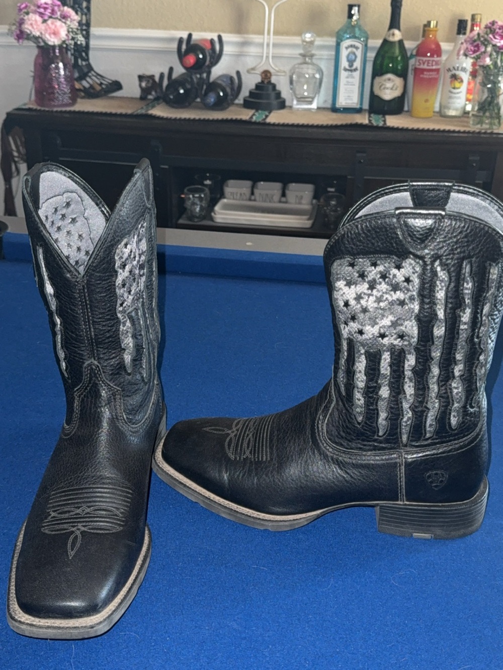 Men’s Black Leather Western Boots with American Flag Stitching